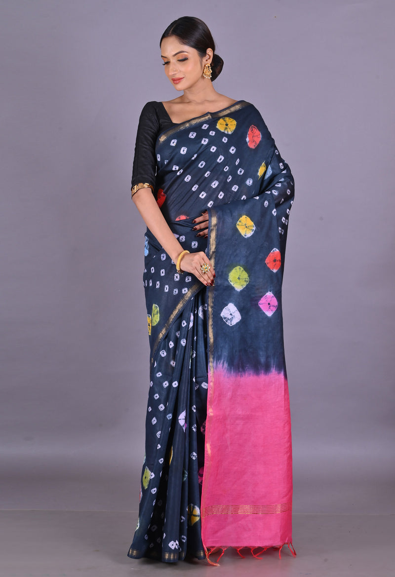 Dark Grey-Pink  Shibori Chanderi Sico Saree-UNM69345