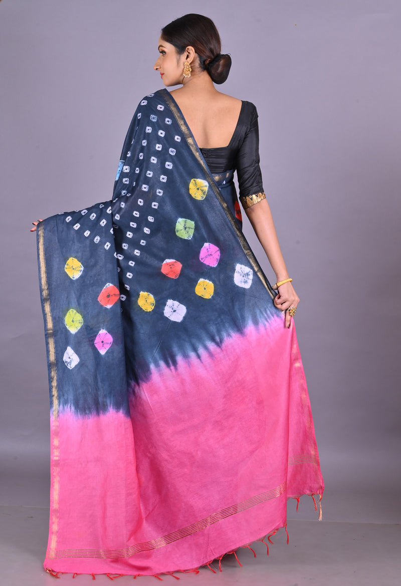Dark Grey-Pink  Shibori Chanderi Sico Saree-UNM69345