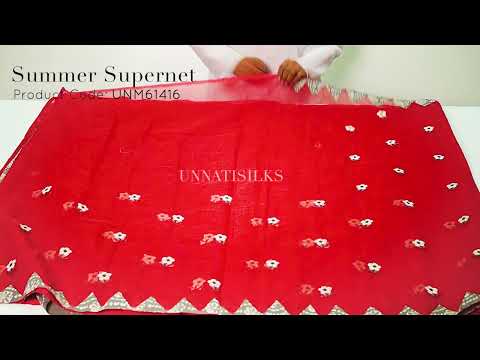 Red  Cross Stitched Embroidered Supernet Saree