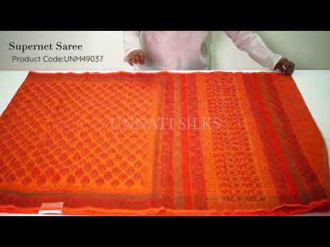 Orange  Summer Supernet  Saree with Hand Block Prints-UNM49037