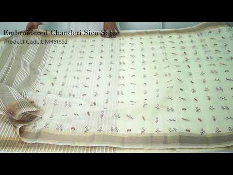 Cream  Cross Stitched Embroidered Chanderi Sico Saree-UNM61652