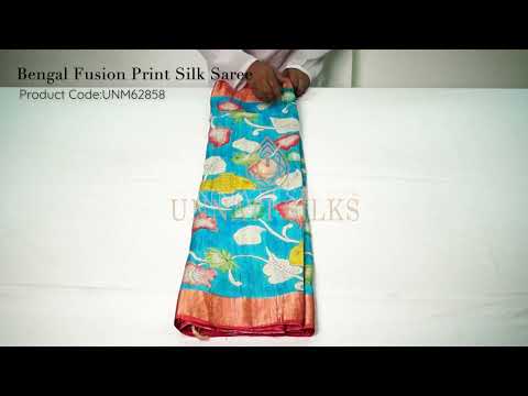 Blue Pure Handloom Bengal Fusion Print  Silk Saree