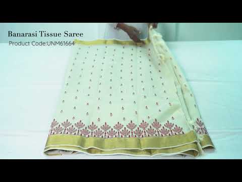 Cream  Cross Stitched Embroidered Banarasi Tissue Saree-UNM61664