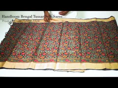 Black Pure Handloom Bengal Tussar  Silk Saree