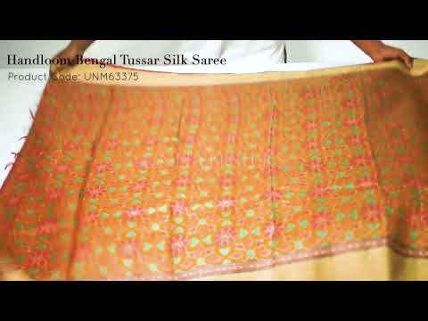 Rust Orange Pure Handloom Bengal Tussar  Silk Saree