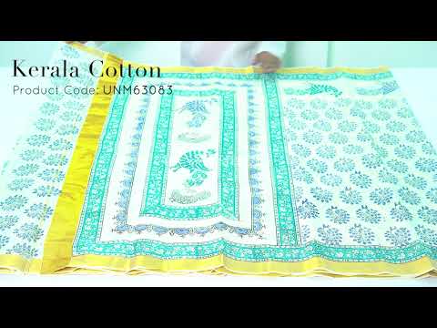 White-Green Pure Hand Block Printed Kerala Cotton Saree