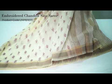 Cream  Cross Stitched Embroidered Chanderi Sico Saree
