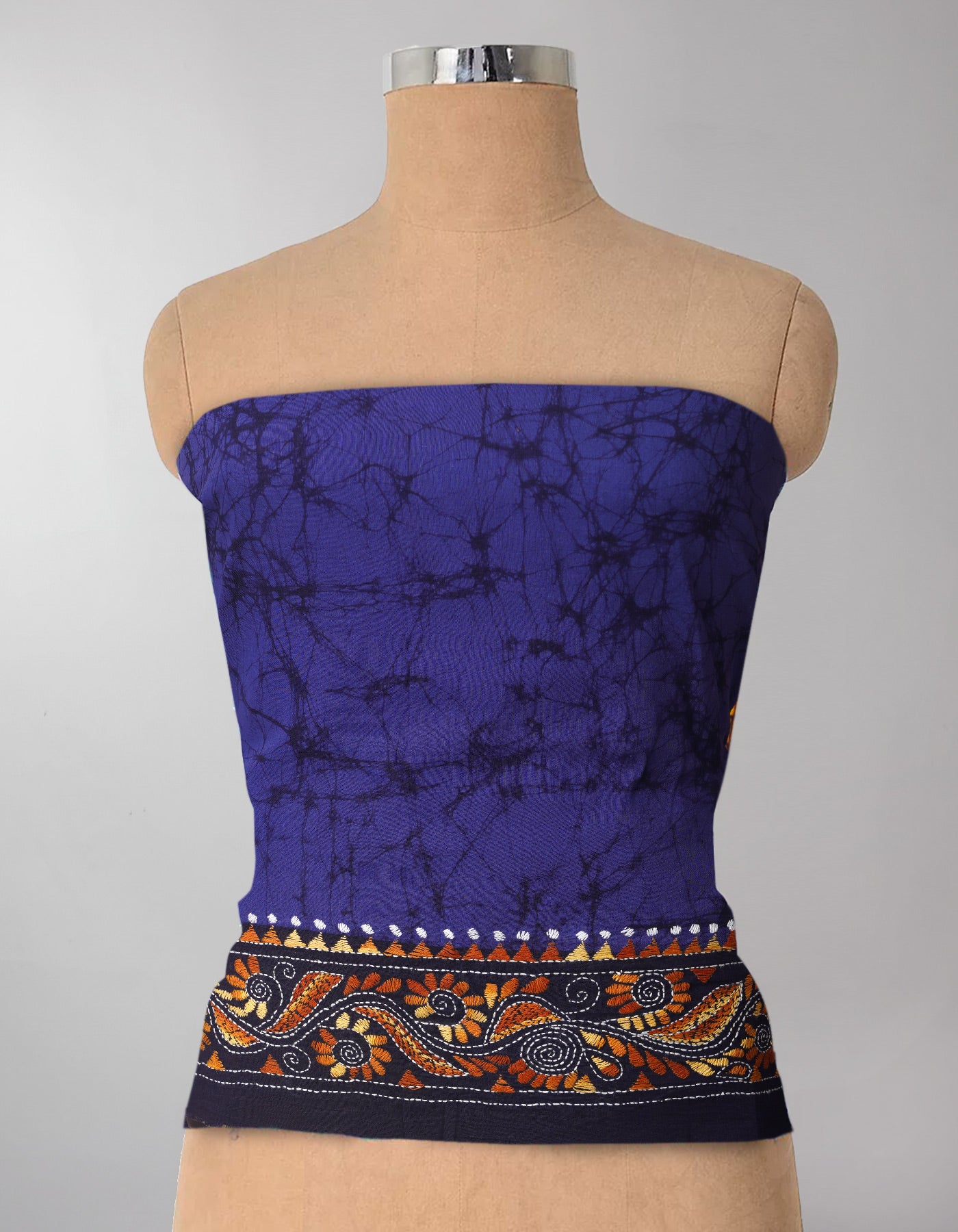 Blue Pure Batik Kantha Work Cotton Blouse Fabric (1MTR)-KTR1478