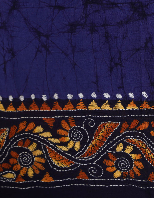 Blue Pure Batik Kantha Work Cotton Blouse Fabric (1MTR)-KTR1478