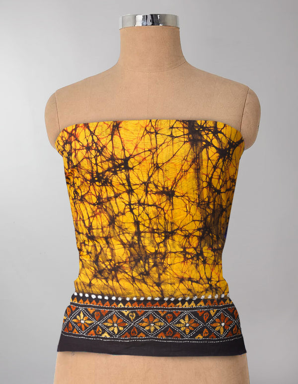 Yellow Pure Batik Kantha Work Cotton Blouse Fabric (1MTR)-KTR1480