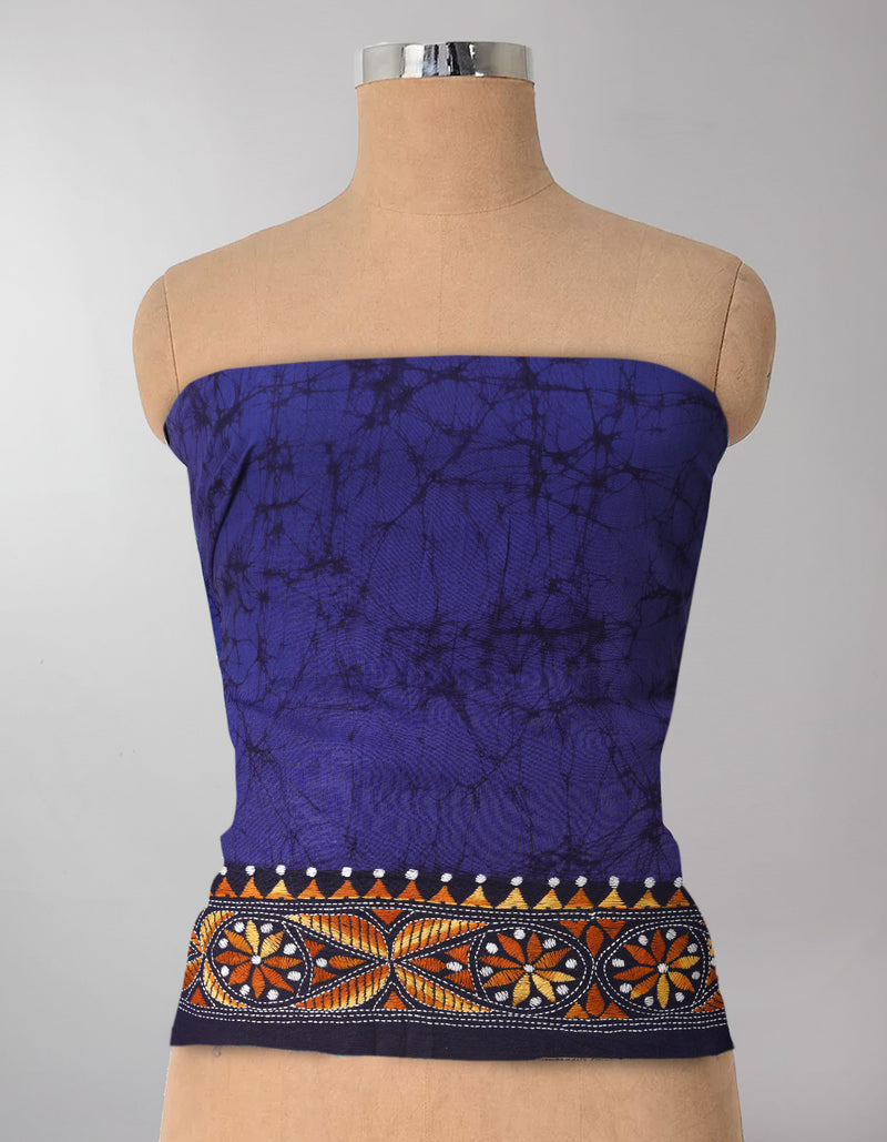 Blue Pure Batik Kantha Work Cotton Blouse Fabric (1MTR)-KTR1481