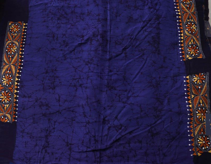 Blue Pure Batik Kantha Work Cotton Blouse Fabric (1MTR)-KTR1481
