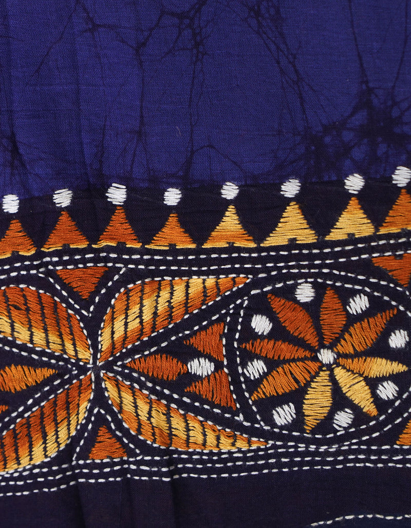 Blue Pure Batik Kantha Work Cotton Blouse Fabric (1MTR)-KTR1481