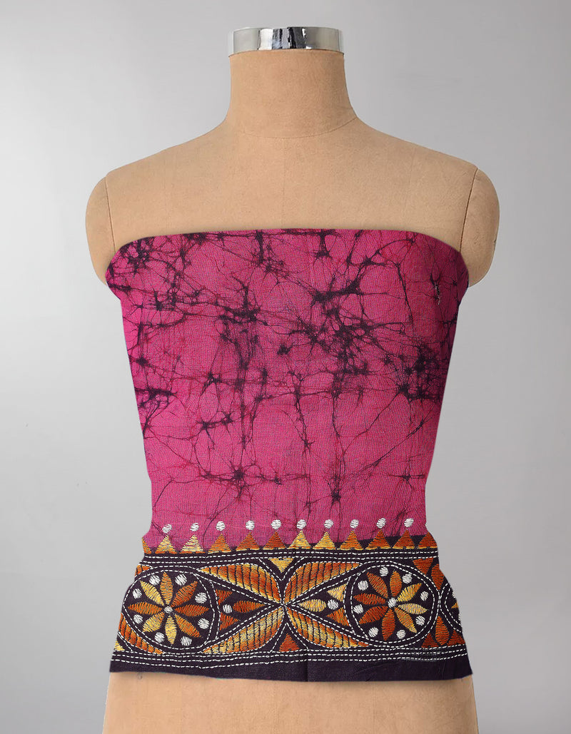 Pink Pure Batik Kantha Work Cotton Blouse Fabric (1MTR)-KTR1488