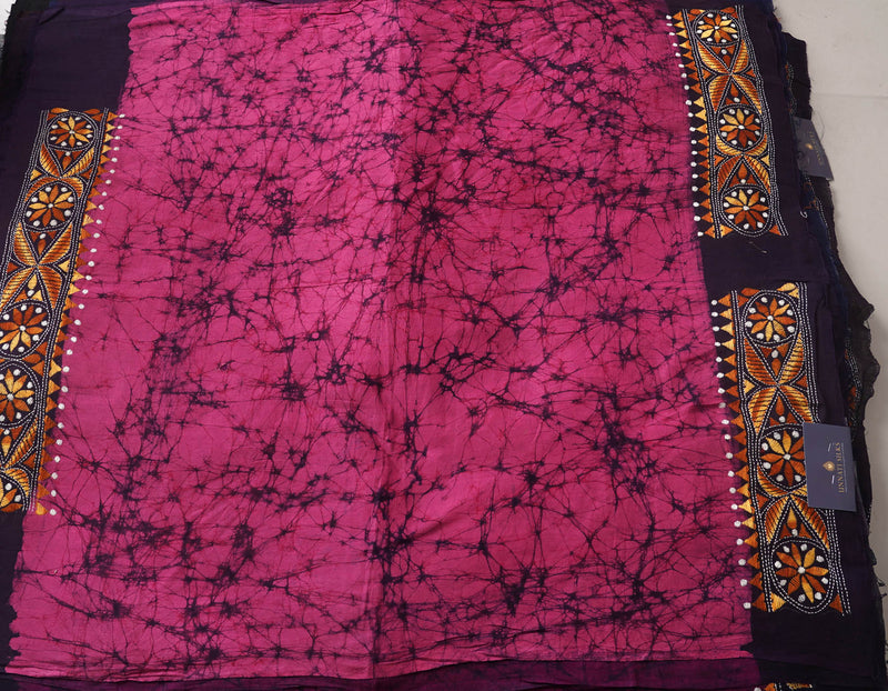 Pink Pure Batik Kantha Work Cotton Blouse Fabric (1MTR)-KTR1488