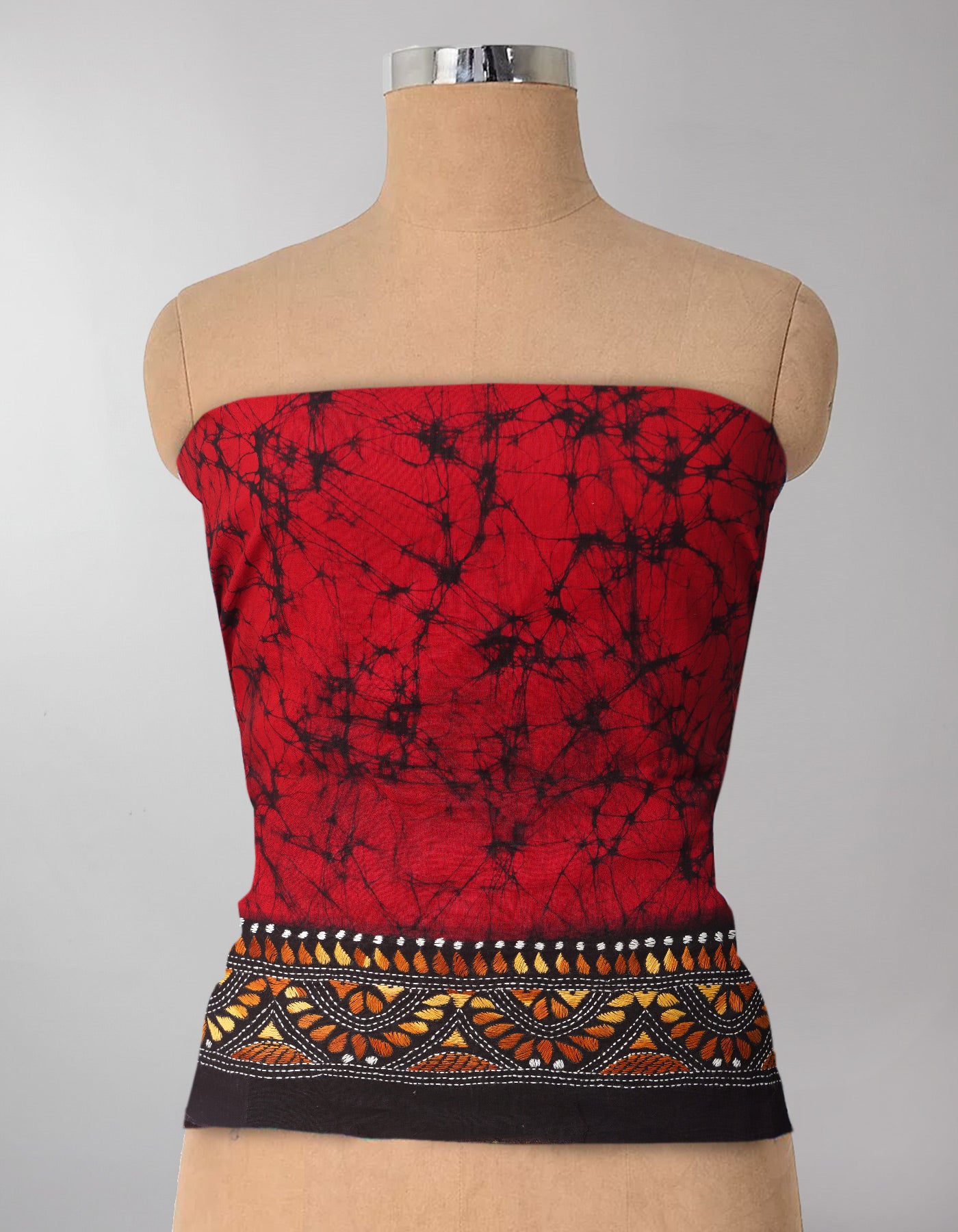 Red Pure Batik Kantha Work Cotton Blouse Fabric (1MTR)-KTR1491