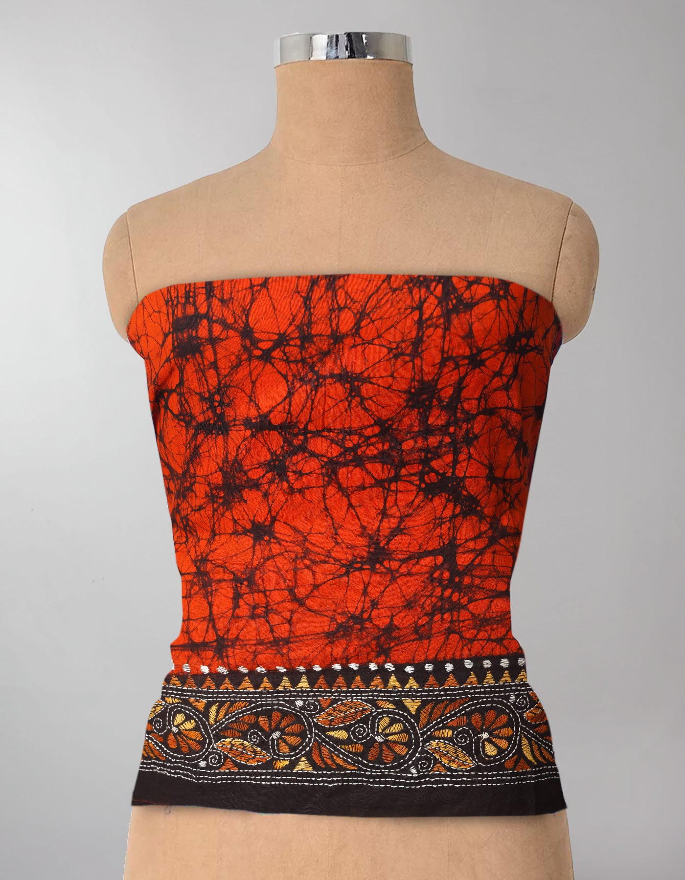 Orange Pure Batik Kantha Work Cotton Blouse Fabric (1MTR)-KTR1492