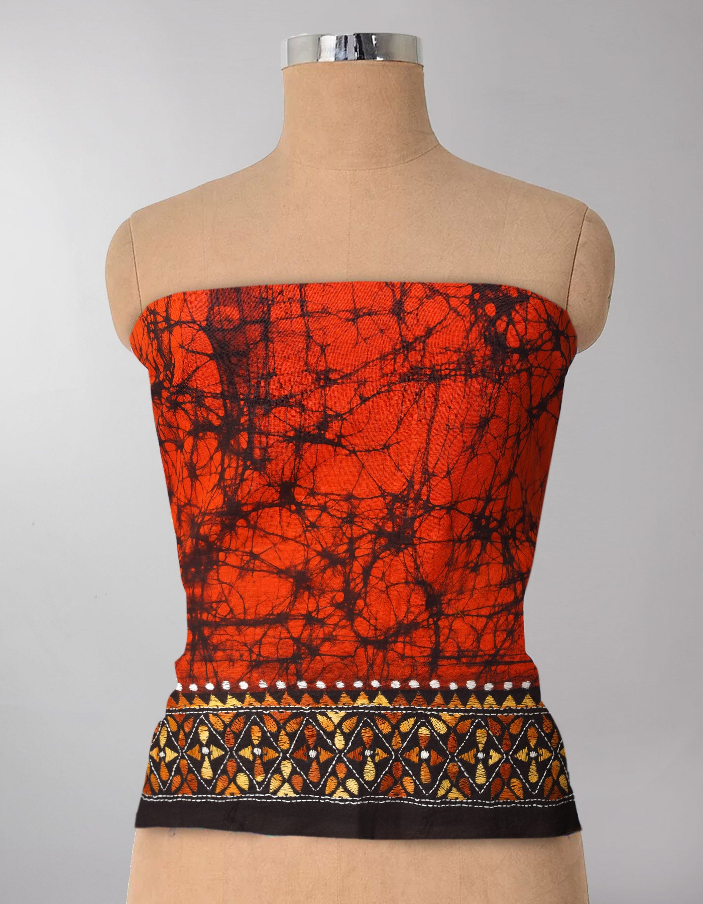 Orange Pure Batik Kantha Work Cotton Blouse Fabric (1MTR)-KTR1494