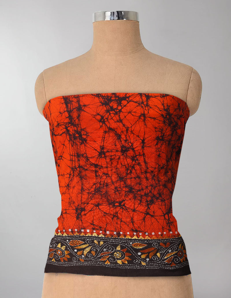Orange Pure Batik Kantha Work Cotton Blouse Fabric (1MTR)-KTR1495