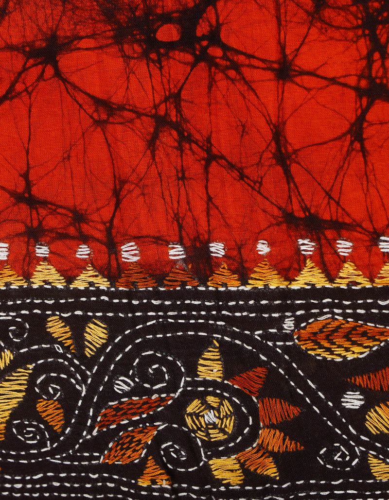 Orange Pure Batik Kantha Work Cotton Blouse Fabric (1MTR)-KTR1495