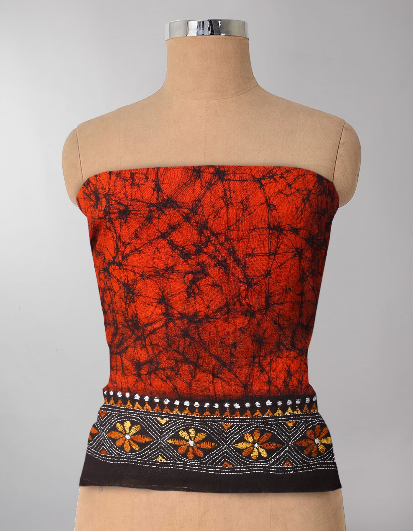 Orange Pure Batik Kantha Work Cotton Blouse Fabric (1MTR)-KTR1496