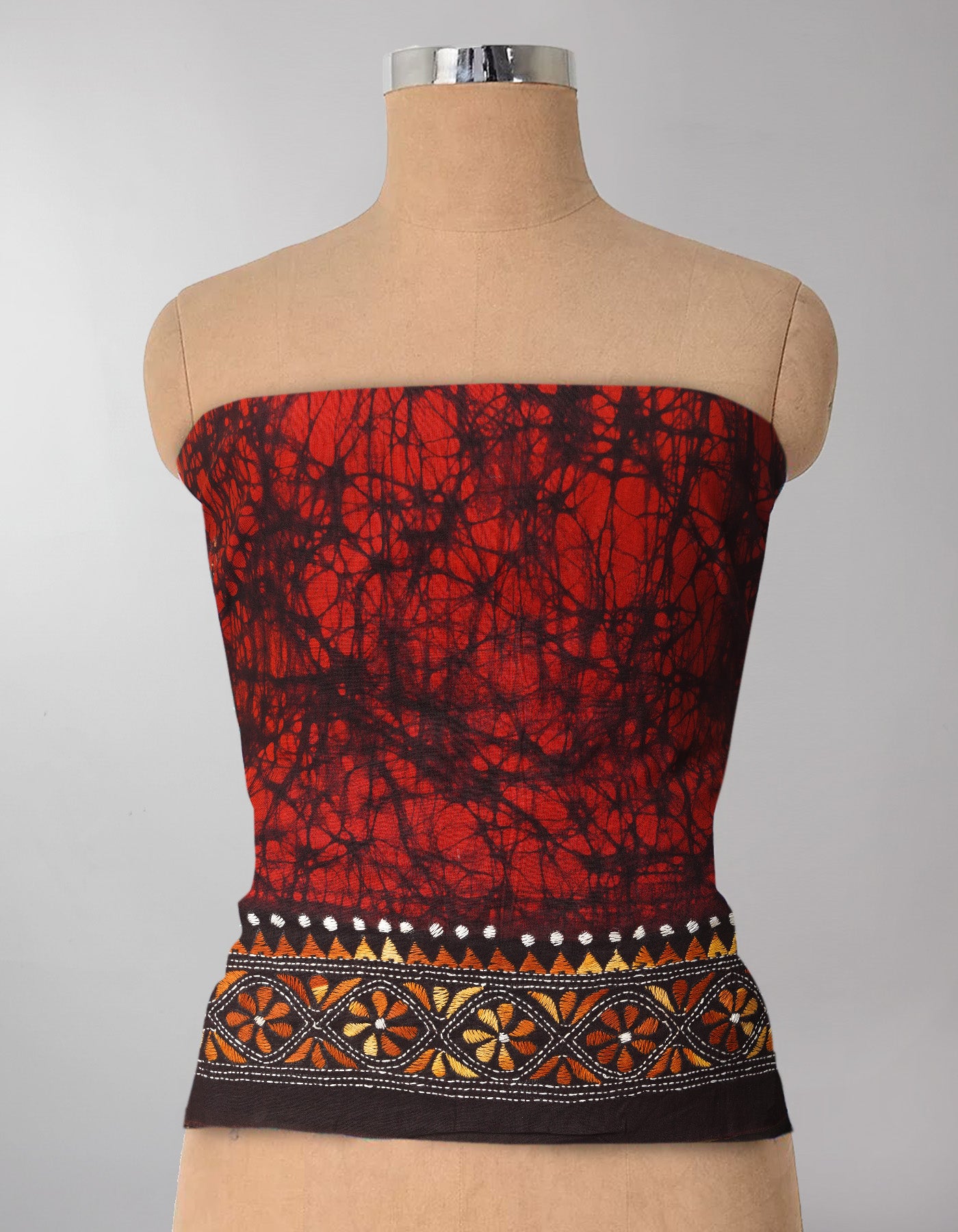 Red Pure Batik Kantha Work Cotton Blouse Fabric (1MTR)-KTR1506