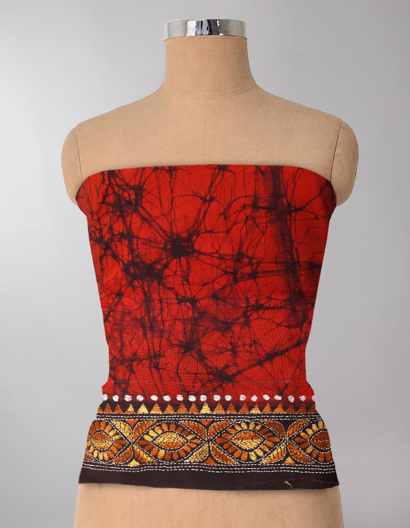 Orange Pure Batik Kantha Work Cotton Blouse Fabric (1MTR)-KTR1508