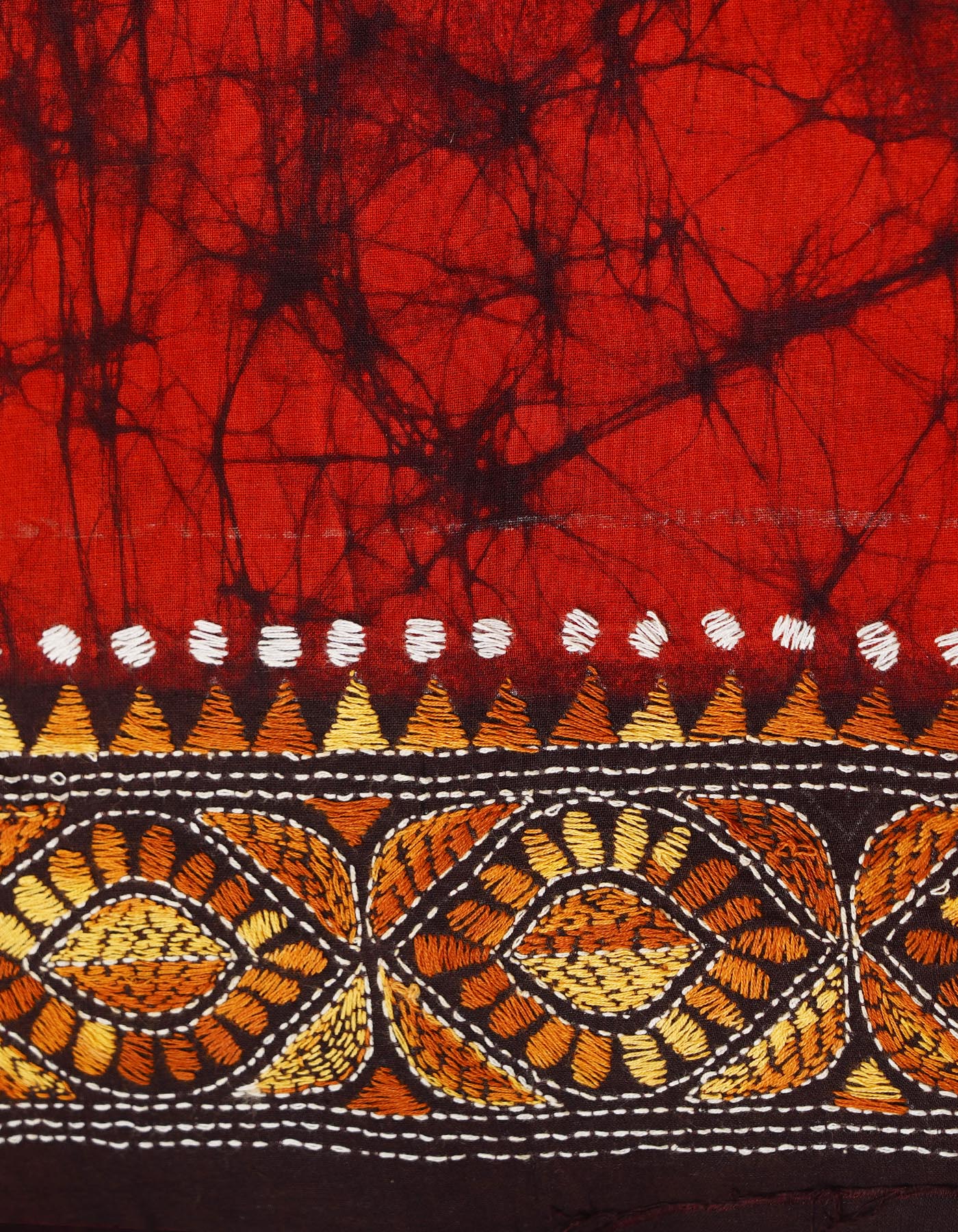 Orange Pure Batik Kantha Work Cotton Blouse Fabric (1MTR)-KTR1508