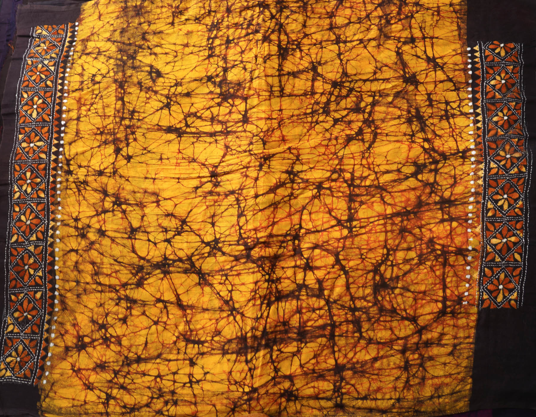 Yellow Pure Batik Kantha Work Cotton Blouse Fabric (1MTR)-KTR1513
