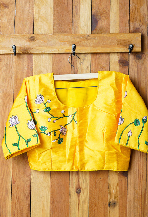 Lemon Yellow Hand Printed with Embroidery Silk Readymade Blouse (42 Size +2inch Margin)-PKB386