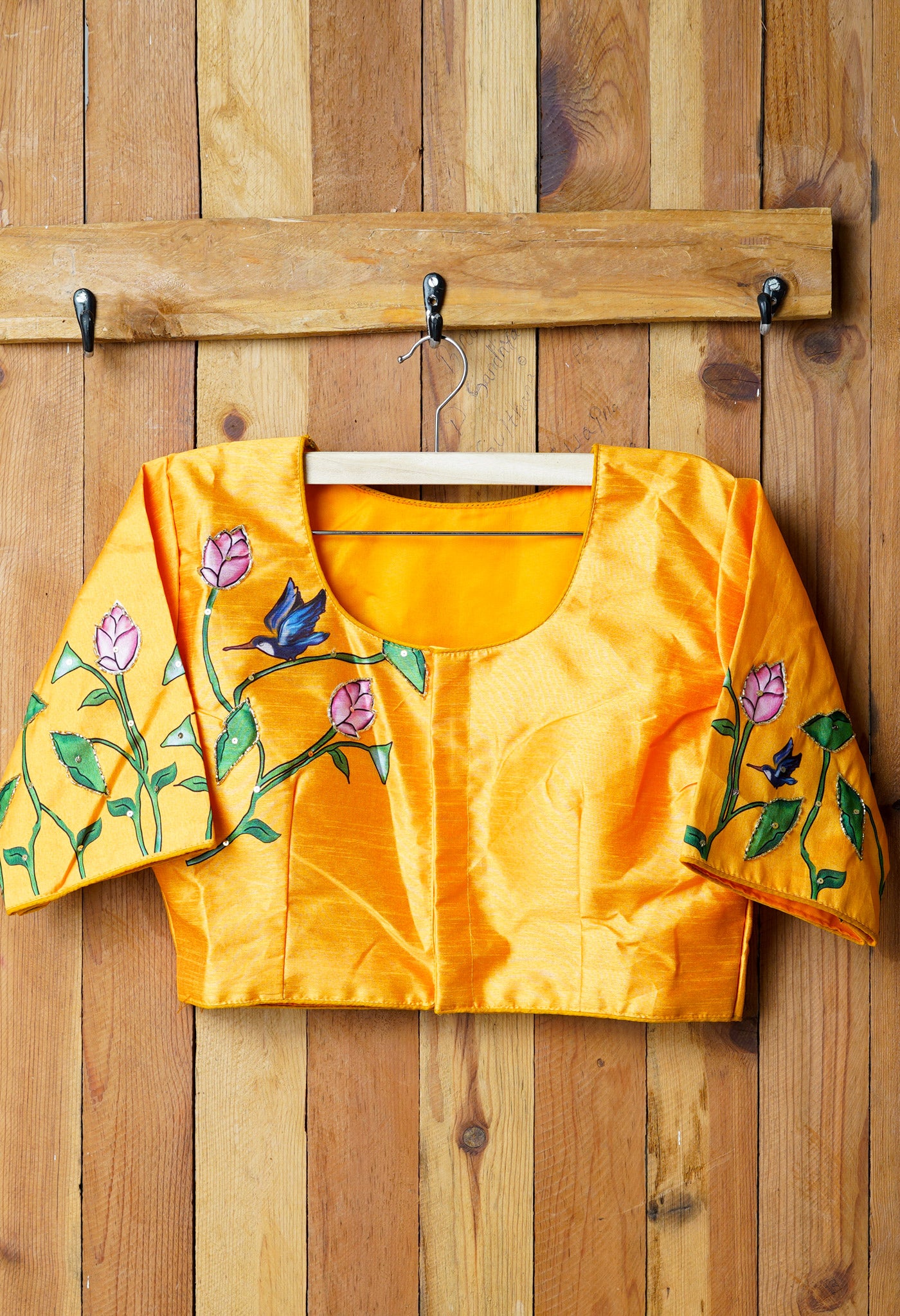 Yellow Hand Printed with Embroidery Silk Readymade Blouse (42 Size +2inch Margin)-PKB387
