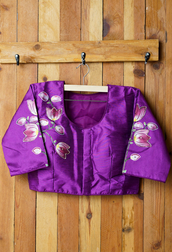 Purple Hand Printed with Embroidery Silk Readymade Blouse (42 Size +2inch Margin)-PKB388