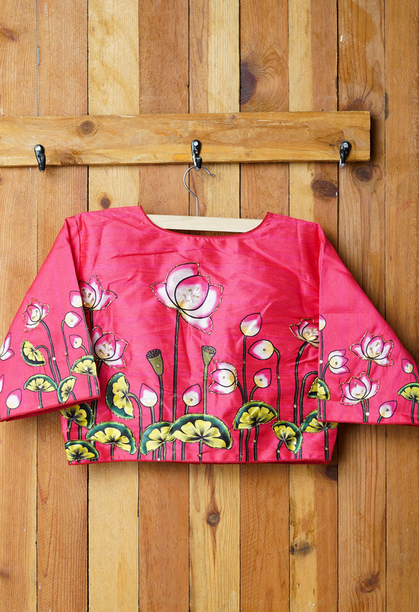 Peach Red Hand Printed with Embroidery Silk Readymade Blouse (42 Size +2inch Margin)-PKB389
