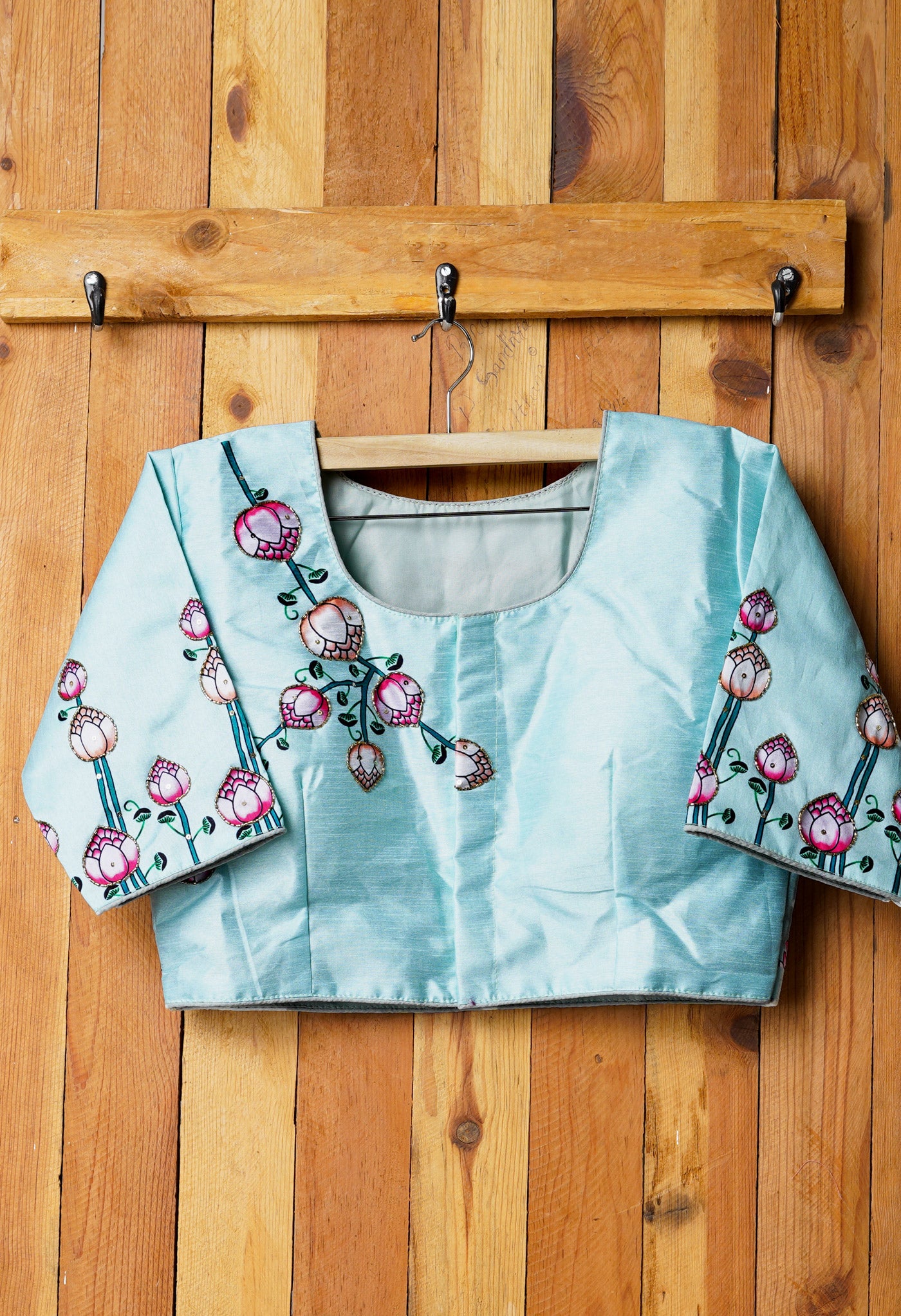 Light Blue Hand Printed with Embroidery Silk Readymade Blouse (42 Size +2inch Margin)-PKB390