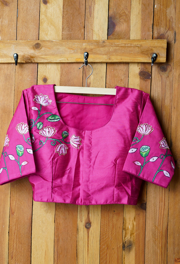Pink Hand Printed with Embroidery Silk Readymade Blouse (42 Size +2inch Margin)-PKB391