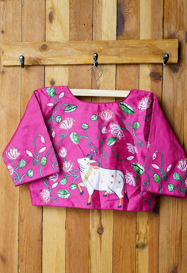 Pink Hand Printed with Embroidery Silk Readymade Blouse (42 Size +2inch Margin)-PKB391