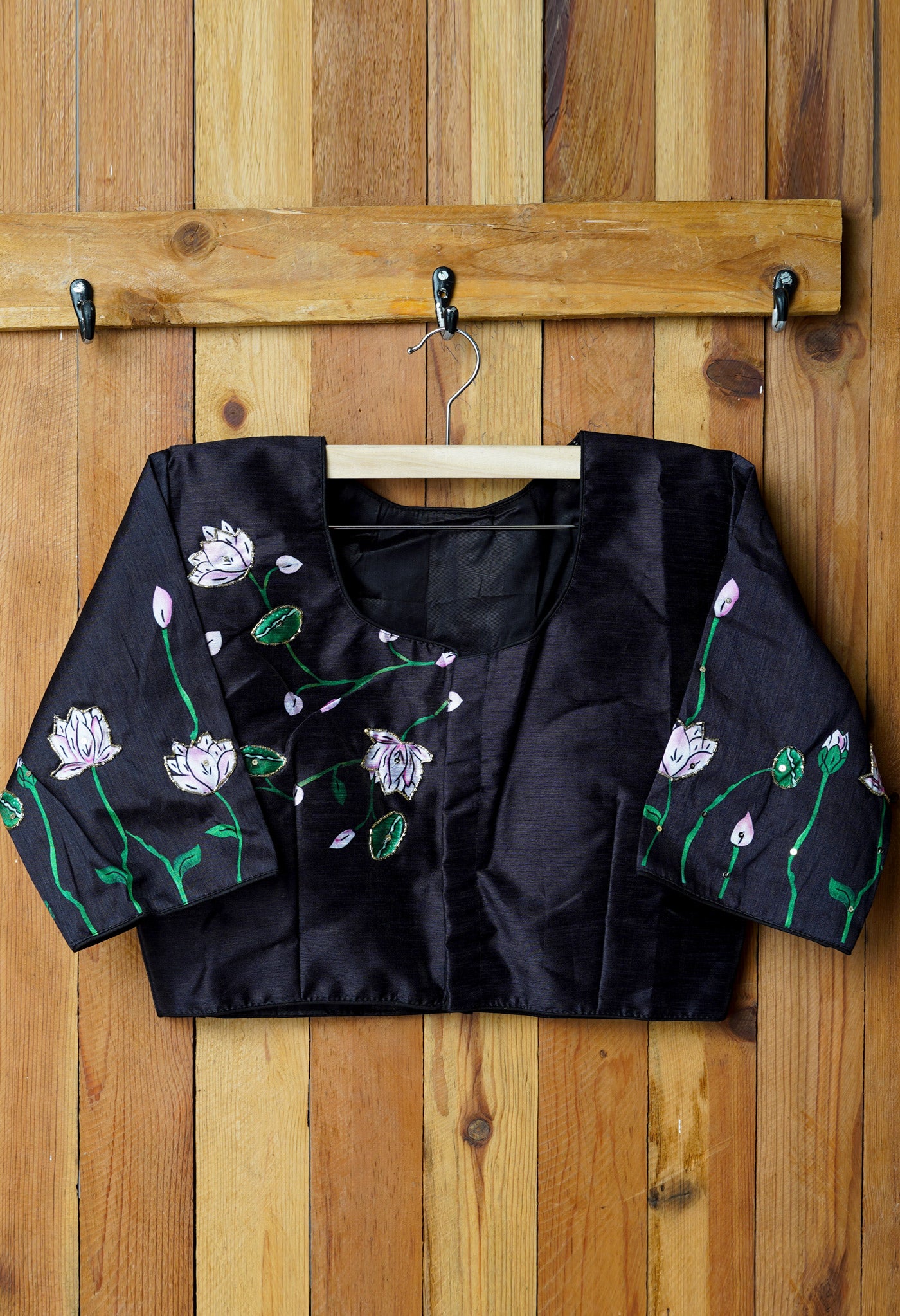 Black Hand Printed with Embroidery Silk Readymade Blouse (42 Size +2inch Margin)-PKB393