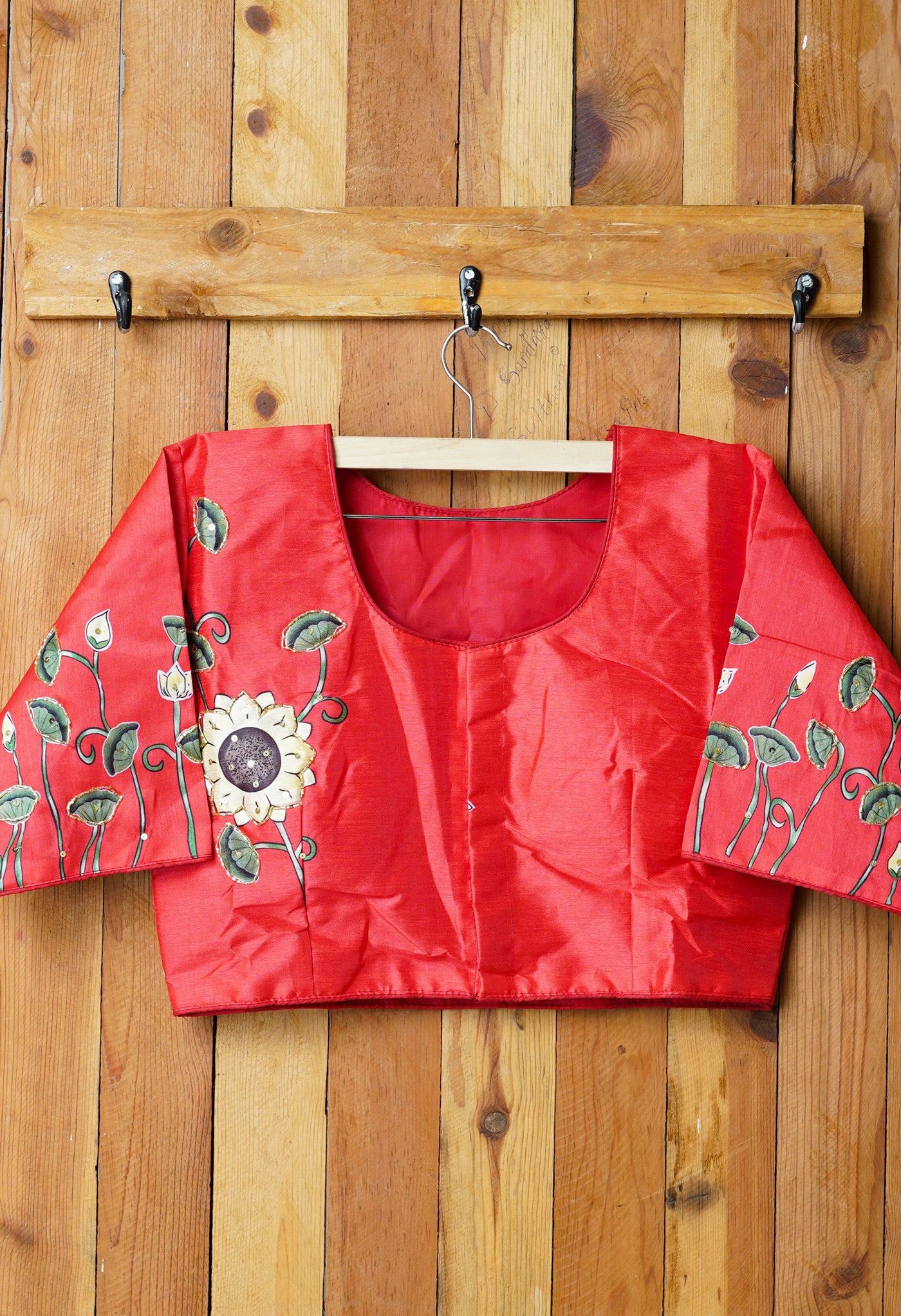 Red Hand Printed with Embroidery Silk Readymade Blouse (42 Size +2inch Margin)-PKB395