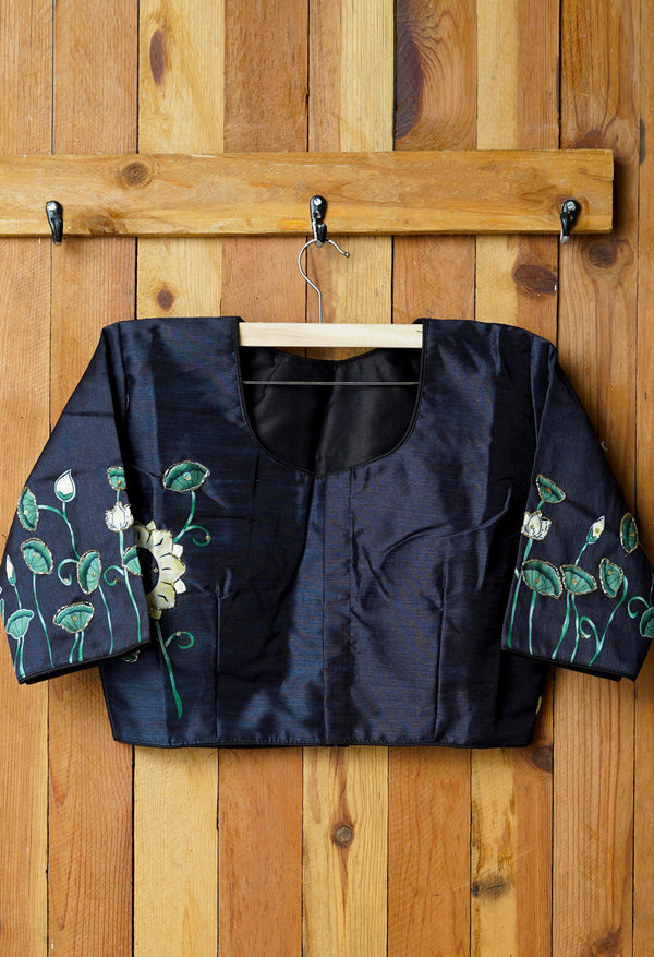 Black Hand Printed with Embroidery Silk Readymade Blouse (42 Size +2inch Margin)-PKB396