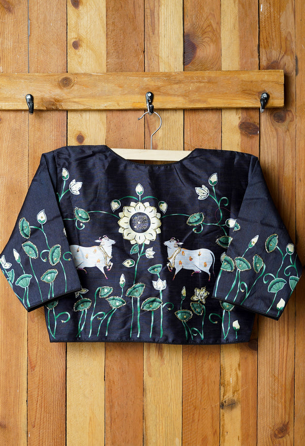 Black Hand Printed with Embroidery Silk Readymade Blouse (42 Size +2inch Margin)-PKB396