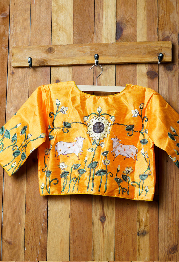 Yellow Hand Printed with Embroidery Silk Readymade Blouse (42 Size +2inch Margin)-PKB397