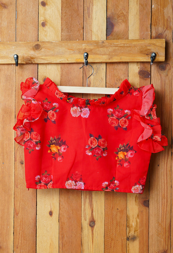 Red Pure Georgette Printed Readymade Blouse (42 Size +2inch Margin)-PKB402