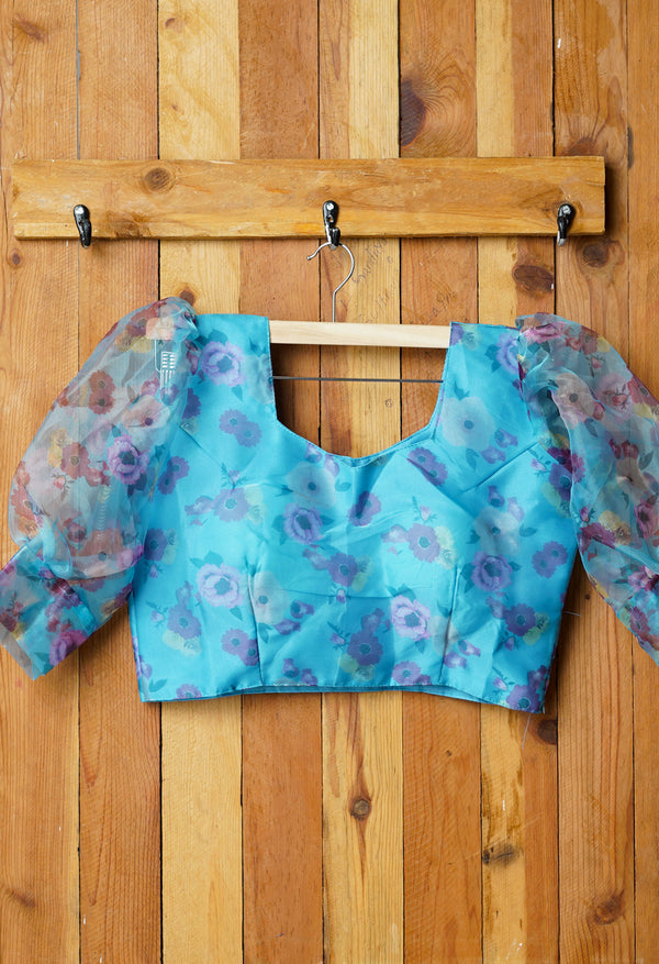 Blue Pure Organza Printed Readymade Blouse (42 Size +2inch Margin)-PKB405