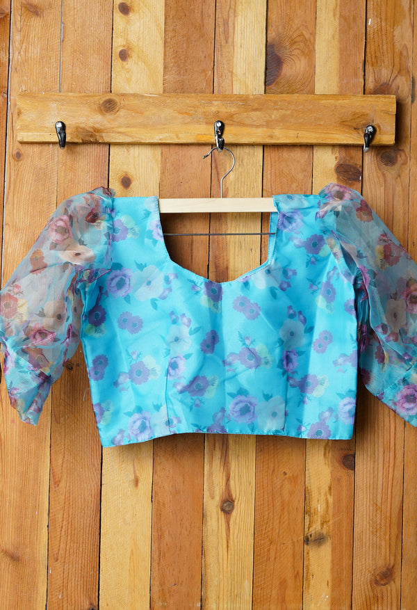 Blue Pure Organza Printed Readymade Blouse (42 Size +2inch Margin)-PKB405