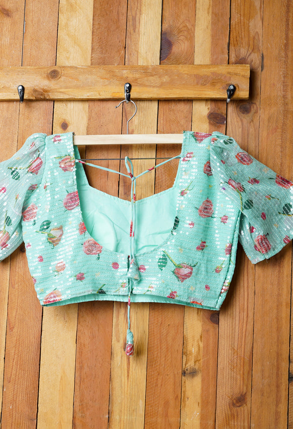 Light Green Pure Georgette Printed with Embroidery Readymade Blouse (42 Size +2inch Margin)-PKB407