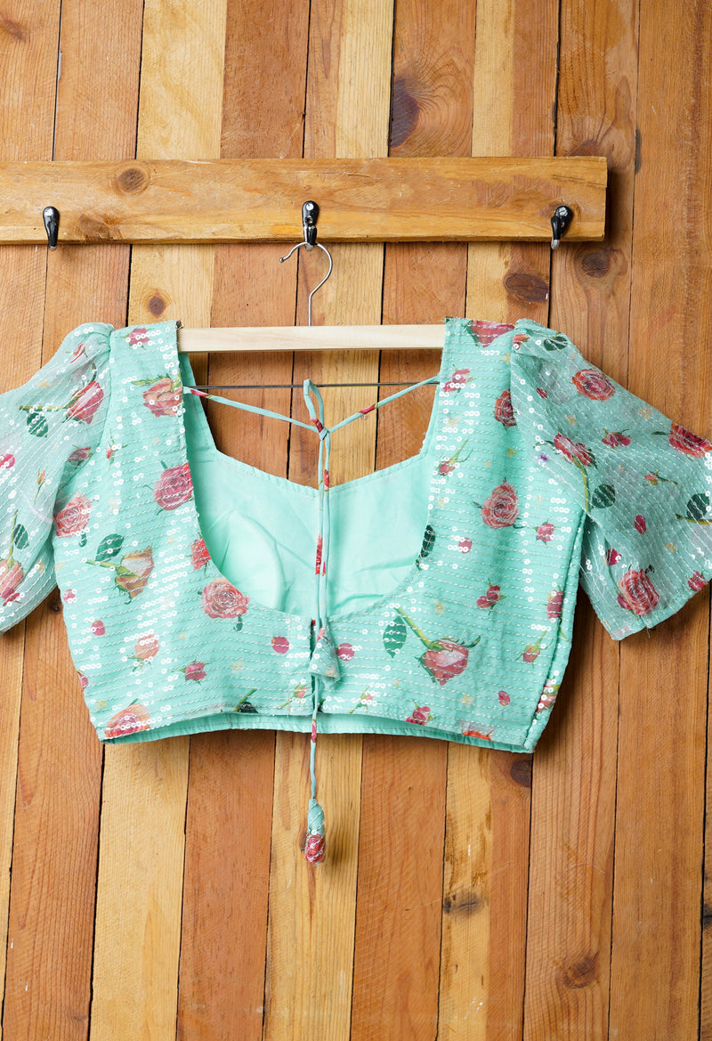 Light Green Pure Georgette Printed with Embroidery Readymade Blouse (42 Size +2inch Margin)-PKB407