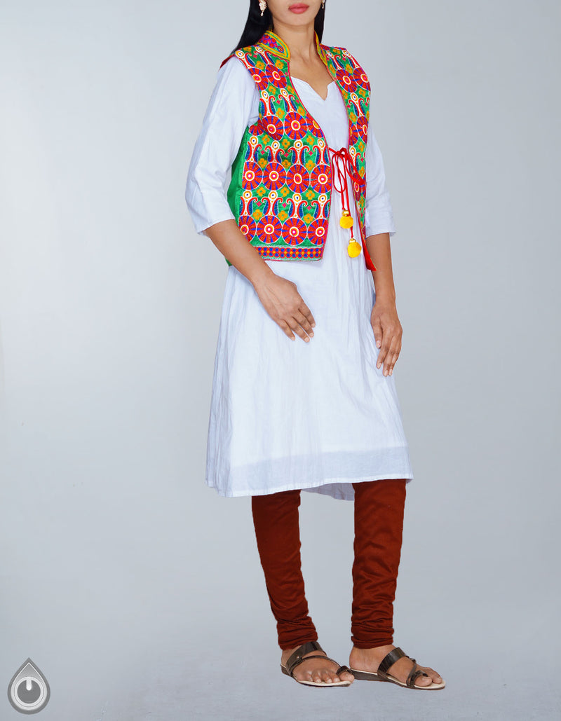 Online Shopping for green Banjaras stitched Waistcoat with Kutch Embroidery from Rajasthan at Unnatisilks.com, India 