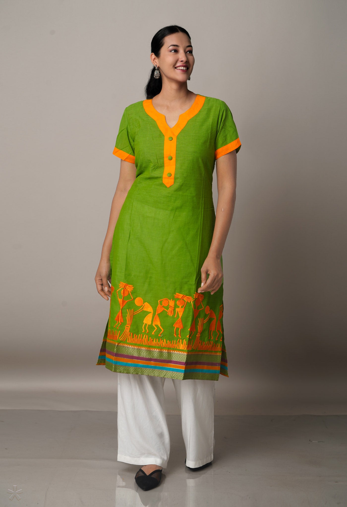 PKK1071-Sloka Weaves Parrot Green Pure Mangalagiri Cotton Kurti