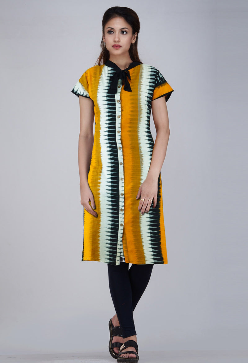 PKK1409-Sloka Weaves Yellow-Black Pure Handloom Pochampally Cotton Kurta