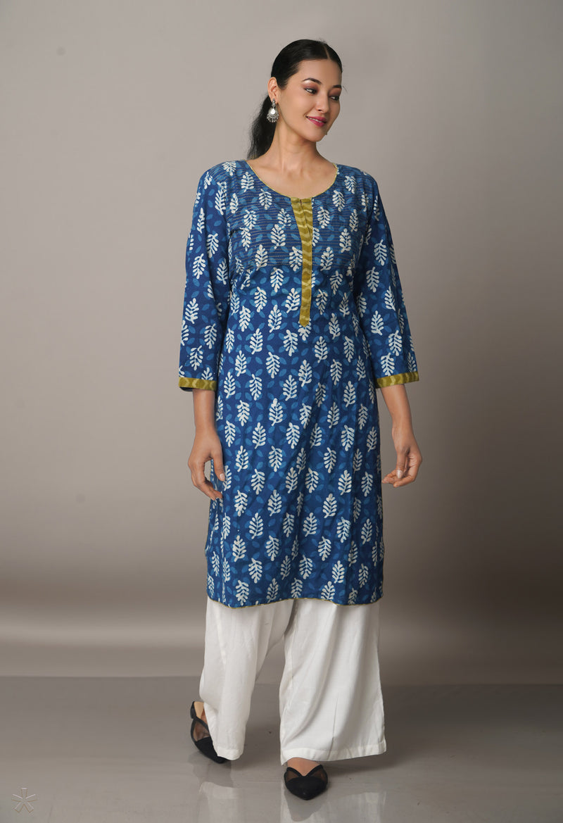 PKK1444-Sloka Weaves Blue Cotton Dabu Printed Kurta